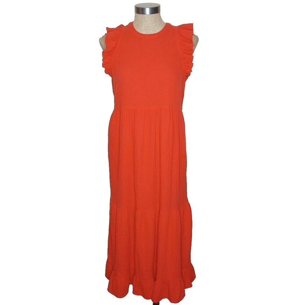 Universal Thread Prairie Dress Women Size S Orange Flutter Sleeve Midi Cotton